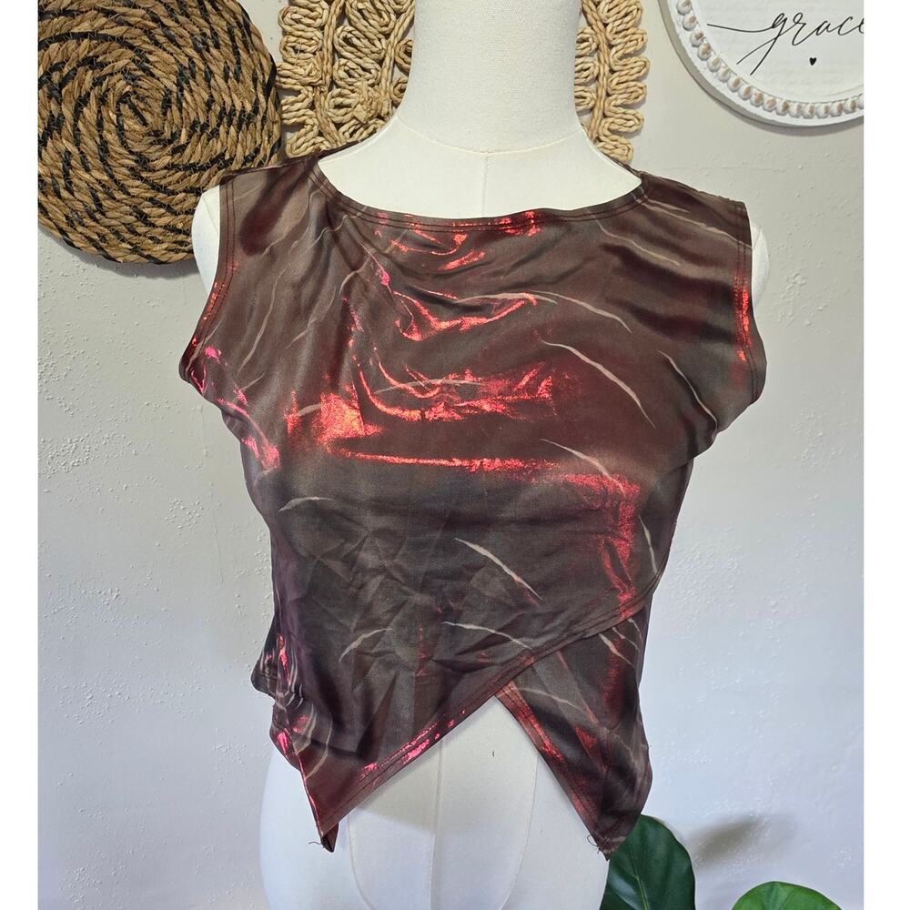 Vanity y2k Foil Metallic Club Muscle Sleeveless Cropped Crossover Shirt Womens M